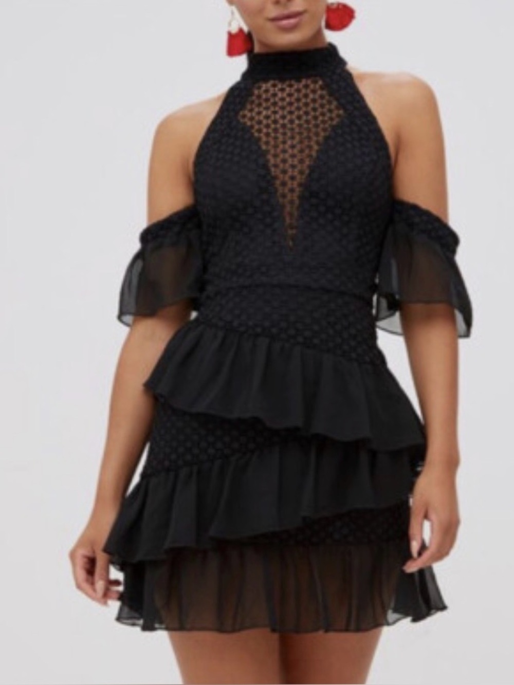 Pretty Little Thing Black Crochet Mesh Frill Detail Bodycon Dress NWOT